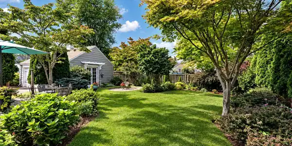 Image 4: Beautifully Landscaped Backyard - Garage Double Doors Open to a Dedicated Potting Area.